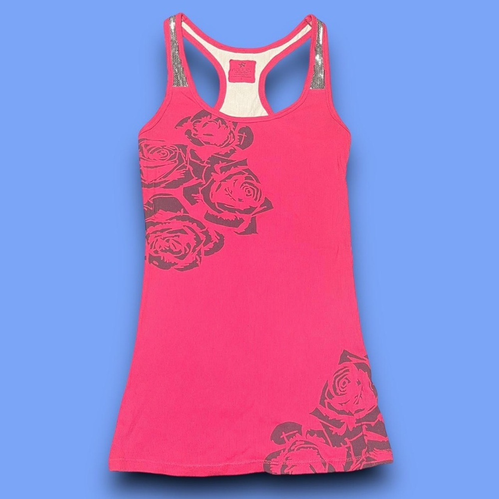 Y2K Pink Floral Tank Top Sequin Straps Size Small Mcbling Bimbocore Cybergrunge